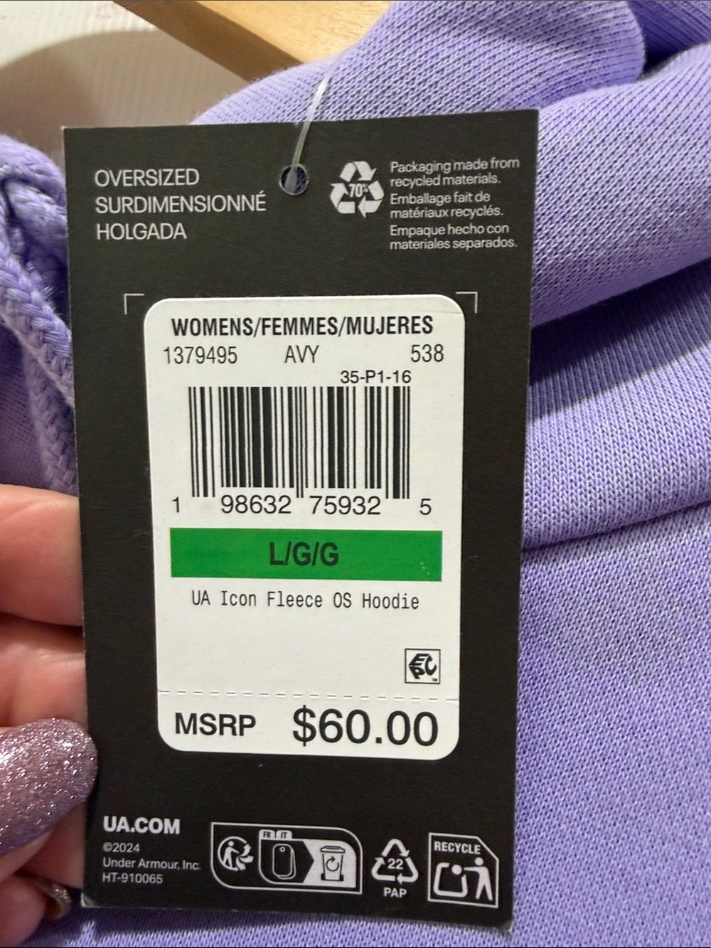 Under Armour Large Lavender Hoodie-NWT - Picture 6 of 6